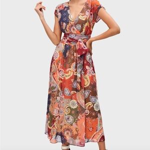 eShakti paisley scarf print Georgette surplice self tie sash  maxi dress Large